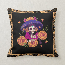 フローラかわいらしスケルトンスカル&オレンジレースゴシック クッション