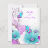 フローラかわいらしティール（緑がかった色）ピンクバタフライバースデーパーティー 招待状 (正面)