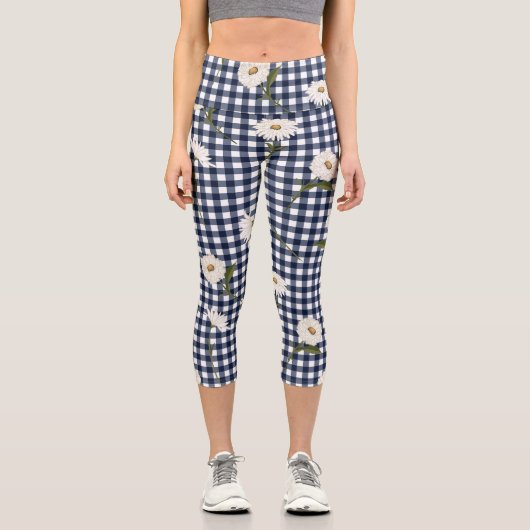 フローラかわいらしデイジーギンガムチェックパターンカスタム カプリレギンス (正面)
