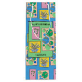 フローラかわいらしドードルアートブルー、誕生日、あなたの名前 ワインギフトバッグ (裏面)