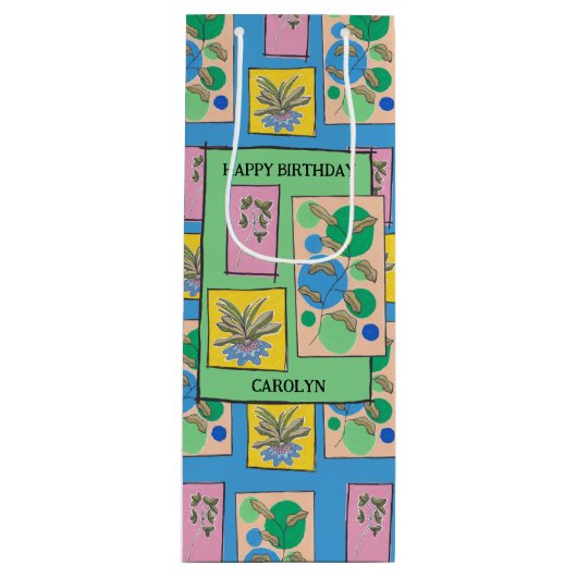 フローラかわいらしドードルアートブルー、誕生日、あなたの名前 ワインギフトバッグ (正面)