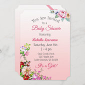 フローラかわいらしピンクガールの赤ちゃんシャワー 招待状 (正面/裏面)