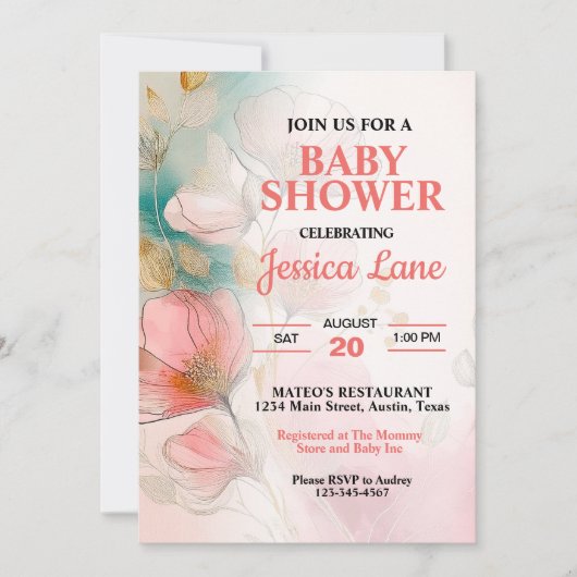 フローラかわいらしピンクガール赤ちゃんシャワー 招待状 (正面)