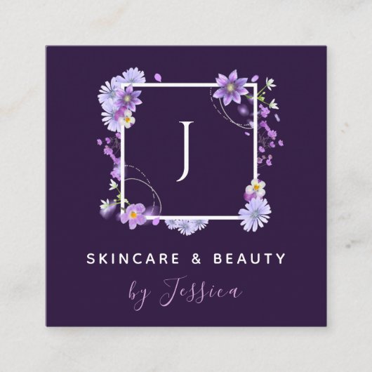 フローラかわいらしモノグラムピンクパープル美しいスキンケア スクエア名刺 (正面)