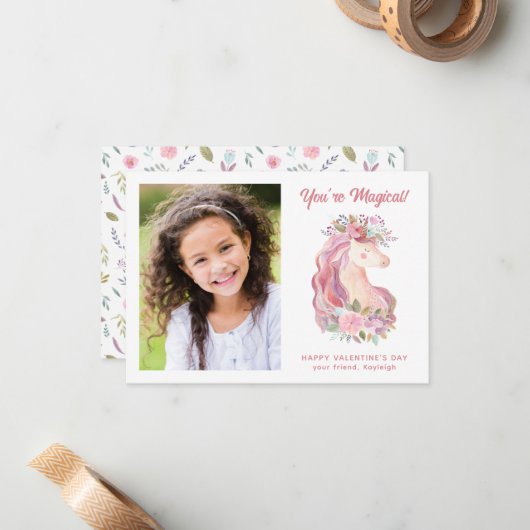 フローラかわいらしユニコーン写真教室バレンタイン ノートカード (正面/裏面インサイチュ)