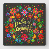 フローラかわいらしライフは美しいインスピレーション黒 スクエア壁時計 (正面)