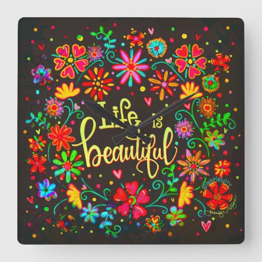 フローラかわいらしライフは美しいインスピレーション黒 スクエア壁時計 (正面)