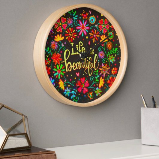 フローラかわいらしライフは美しいインスピレーション黒 スクエア壁時計