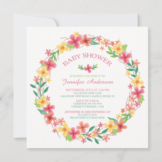 フローラかわいらしリースガールズベビーシャワー 招待状 (正面)