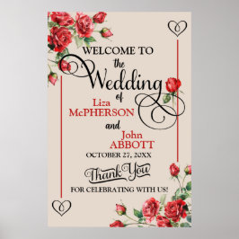 フローラかわいらしレッドローズ結婚のウェルカムサイン ポスター