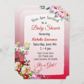 フローラかわいらしレッド・ガールの赤ちゃんシャワー 招待状 (正面/裏面)