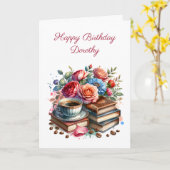 フローラかわいらしヴィンテージ図書とコーヒー誕生日 カード (黄色い花)