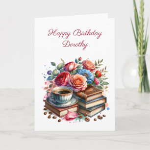 フローラかわいらしヴィンテージ図書とコーヒー誕生日 カード