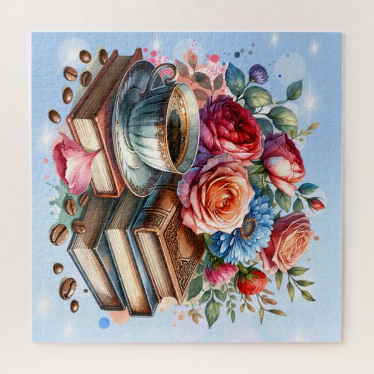 フローラかわいらしヴィンテージ書籍とコーヒークリスマス ジグソーパズル (横)