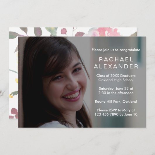 フローラかわいらし卒業パーティーフォトカード 招待状 (正面/裏面)