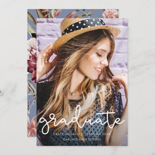 フローラかわいらし卒業式ほこりっぽい青い写真 案内状 (正面/裏面)