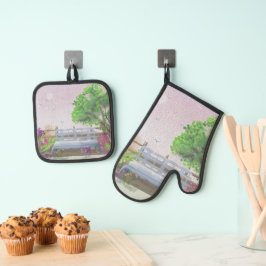 フローラかわいらし座る海の景色 鍋つかみ&鍋敷きセット