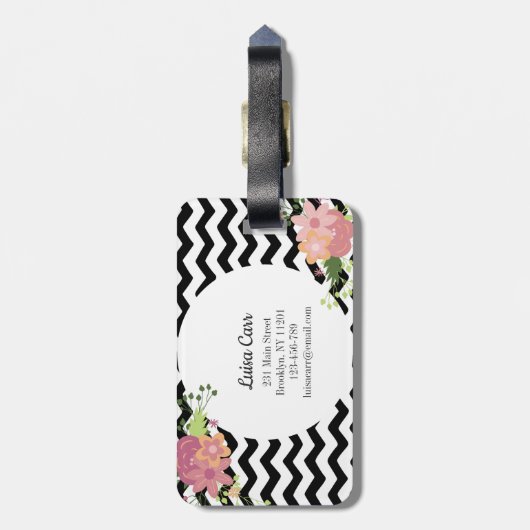 フローラかわいらし白黒シボロンモノグラム ラゲッジタグ (裏面縦)