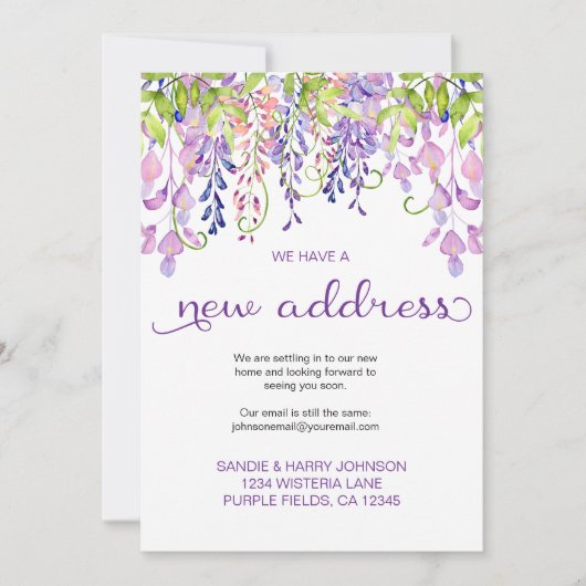 フローラかわいらし紫の藤の新しいアドレスの移動 案内状 (正面)