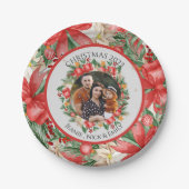 フローラかわいらし赤い花フォトクリスマスパーティー ペーパープレート (正面)