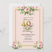 フローラかわいらし赤面ピンクと金ゴールド40歳誕生日 招待状 (正面)