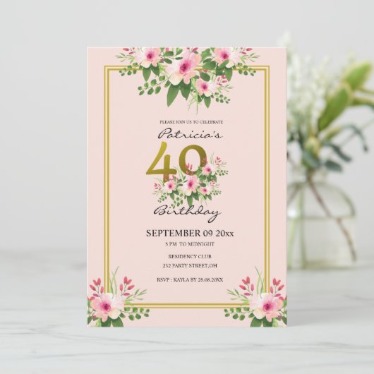 フローラかわいらし赤面ピンクと金ゴールド40歳誕生日 招待状 (スタンド正面)