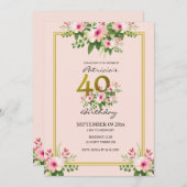 フローラかわいらし赤面ピンクと金ゴールド40歳誕生日 招待状 (正面/裏面)