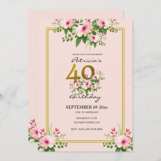 フローラかわいらし赤面ピンクと金ゴールド40歳誕生日 招待状 (正面/裏面)