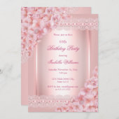 フローラかわいらし赤面ピンクレース誕生日パーティー 招待状 (正面/裏面)