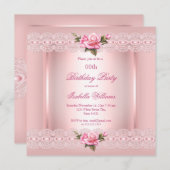 フローラかわいらし赤面ピンクローゼレース誕生日 招待状 (正面/裏面)