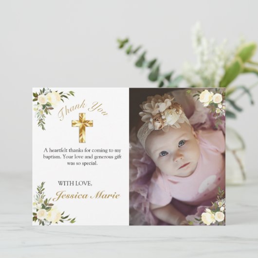 フローラかわいらし金ゴールドクロスバプテスマ写真ありがとう サンキューカード (スタンド正面)