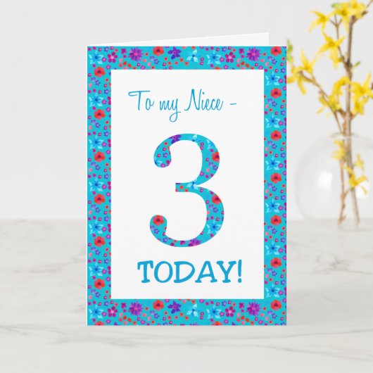 フローラかわいらし3回目の誕生日ニースブルー カード (黄色い花)