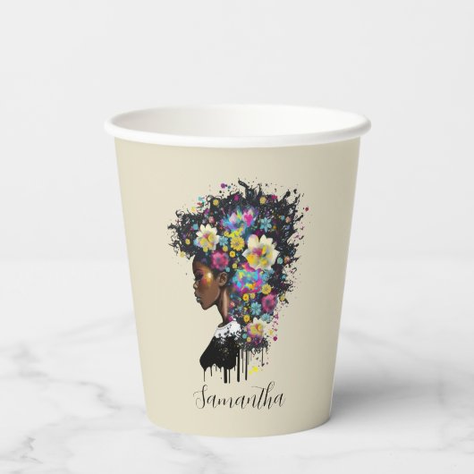 フローラきらめくアフリカ系アメリカ人女性 紙コップ (裏面)