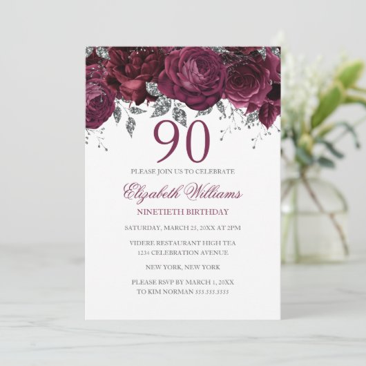 フローラきらめくグリッターブルゴーニュ90誕生日 招待状 (スタンド正面)