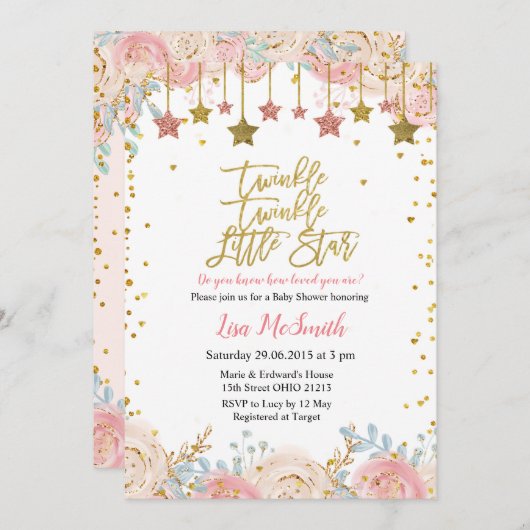フローラきらめく小さな星の赤ちゃんシャワー 招待状 (正面/裏面)