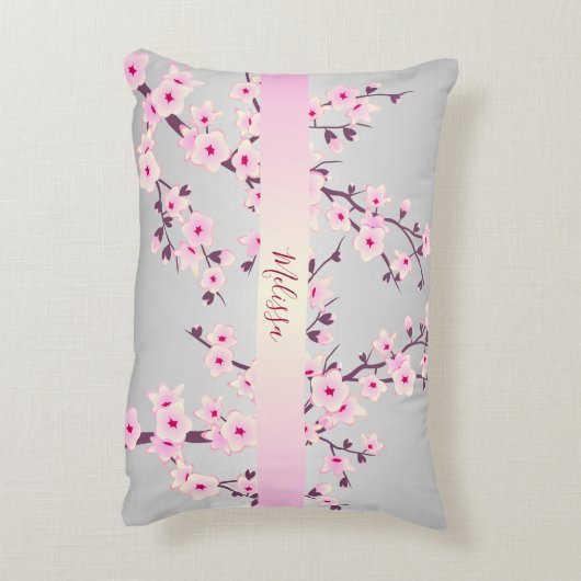 フローラさくらんぼあなたの名前/文字ピンク灰色 アクセントクッション (裏面(縦))