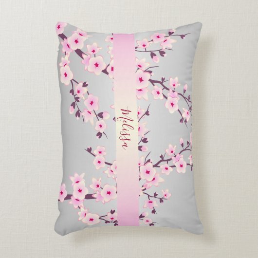 フローラさくらんぼあなたの名前/文字ピンク灰色 アクセントクッション (正面(垂直))