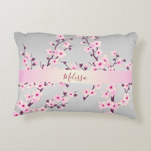 フローラさくらんぼあなたの名前/文字ピンク灰色 アクセントクッション (裏面)