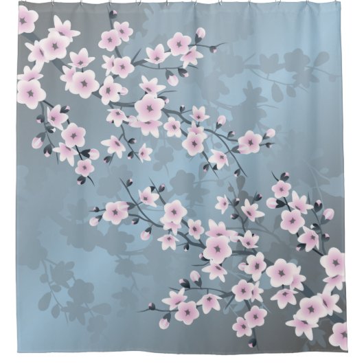 フローラさくらんぼサムダスティピンクブルー シャワーカーテン (正面)