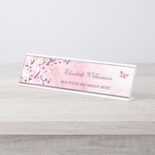 フローラさくらんぼピンク大理石の髪とメイクアップ デスクネームプレート (正面)