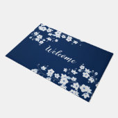 フローラさくらんぼフラズネイビーブルーホワイトウェルカム ドアマット (アングル)