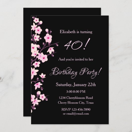 フローラさくらんぼフラズピンクブラック誕生日 招待状 (正面/裏面)