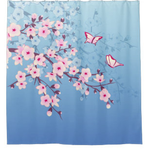 フローラさくらんぼフラワーズピンクブルー シャワーカーテン