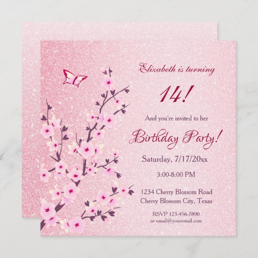 フローラさくらんぼフローズピンクグリッター誕生日 招待状 (正面/裏面)