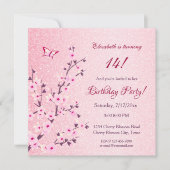 フローラさくらんぼフローズピンクグリッター誕生日 招待状 (正面)