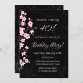 フローラさくらんぼフローズピンクブラックマーブル誕生日 招待状 (正面/裏面)