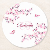 フローラさくらんぼブラッズピンクホワイトモノグラムネームバ ラウンドペーパーコースター (正面)