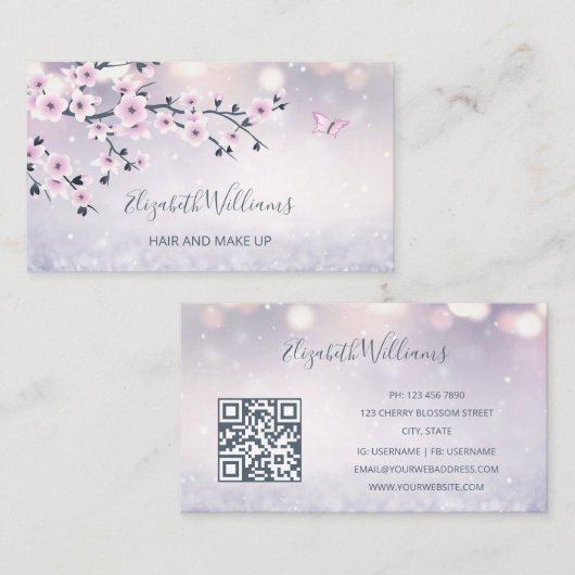 フローラさくらんぼブロッサムデュスキーピンクマウヴグリッター 名刺 (正面/裏面)