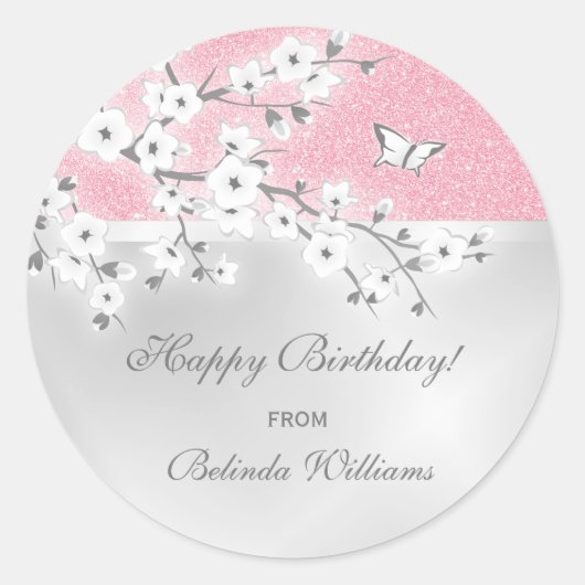 フローラさくらんぼブロッサムピンクグリッターカスタム誕生日 ラウンドシール (正面)