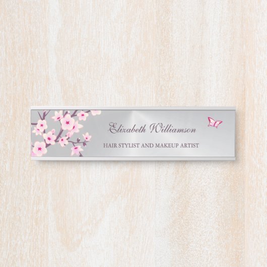 フローラさくらんぼブロッサムピンクグレーオフィス サインプレート (正面)